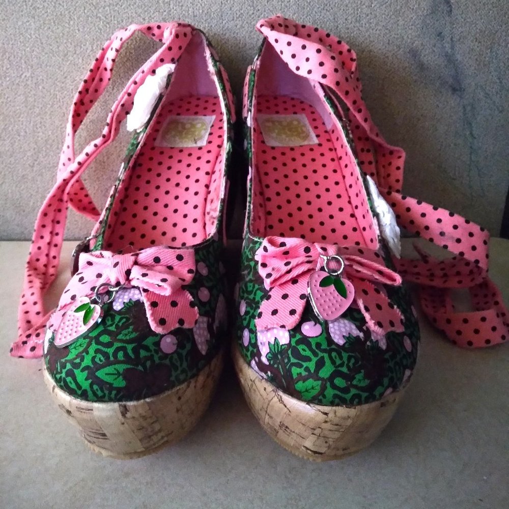 NEW! Strawberry Wedge Heels with Ribbon Ties